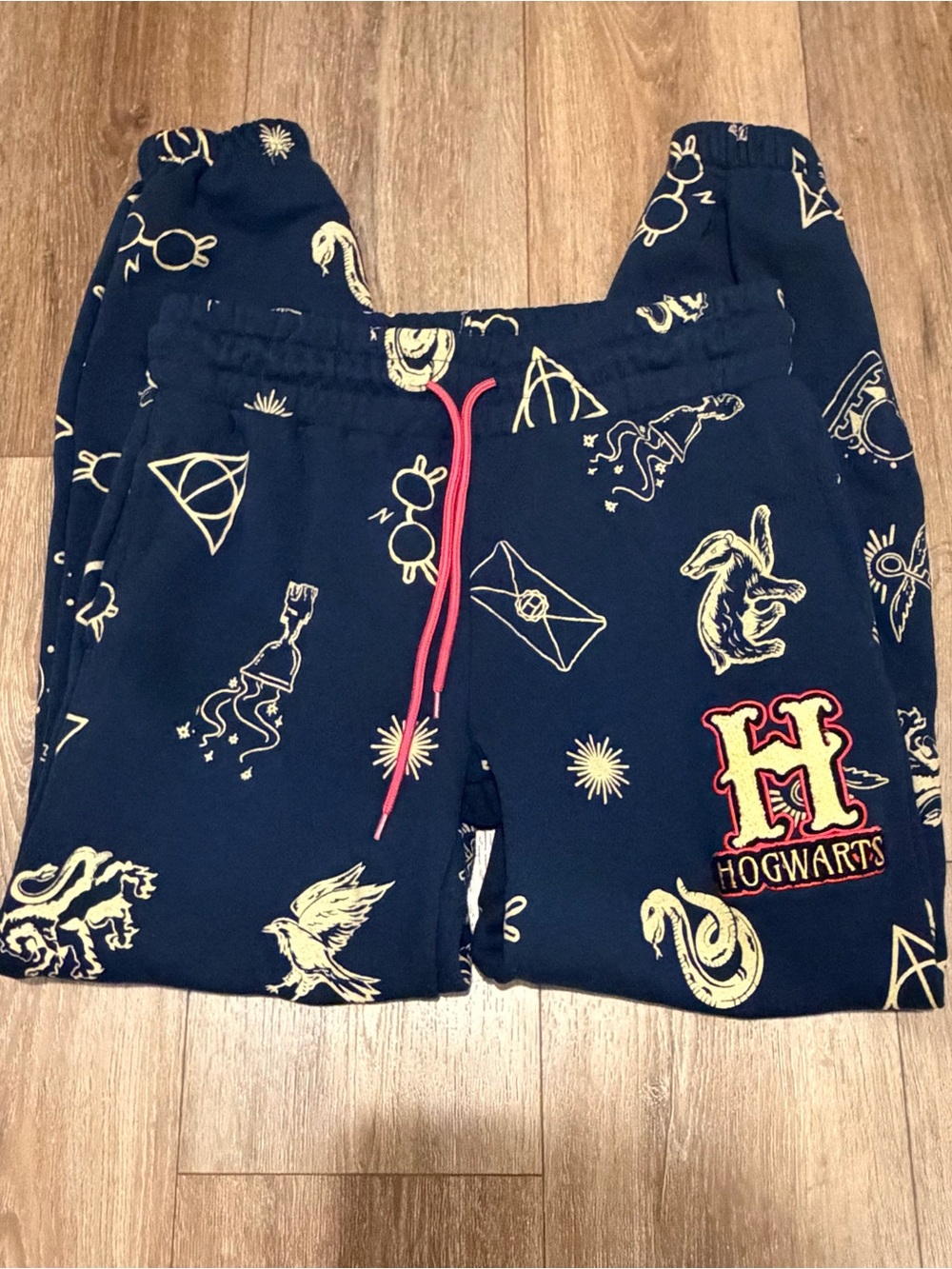 Hogwarts Navy Blue Women's Pajama Joggers with Cream Motifs and Pink Drawstring